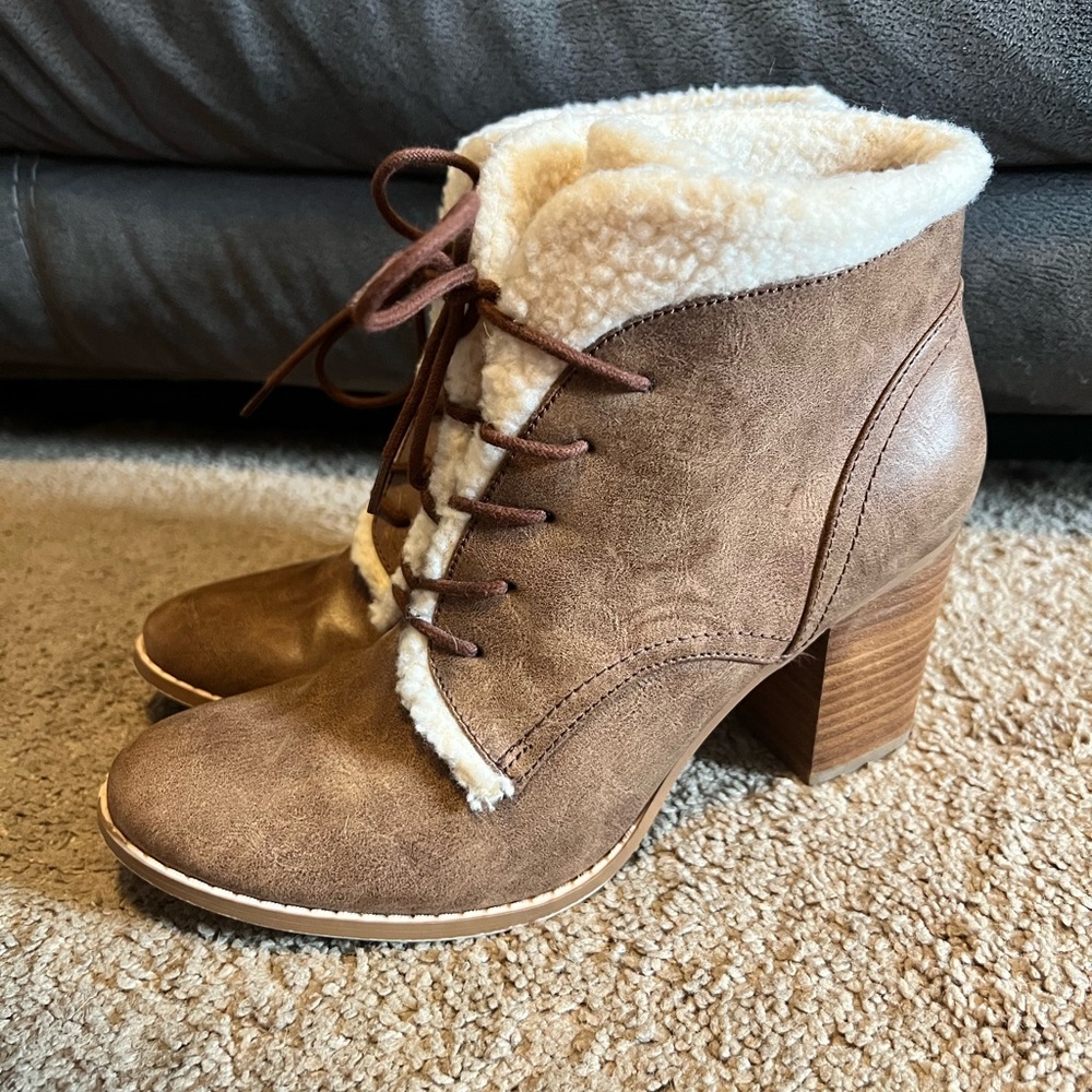 Restricted Brown and Cream Heeled Boots with Suede Finish